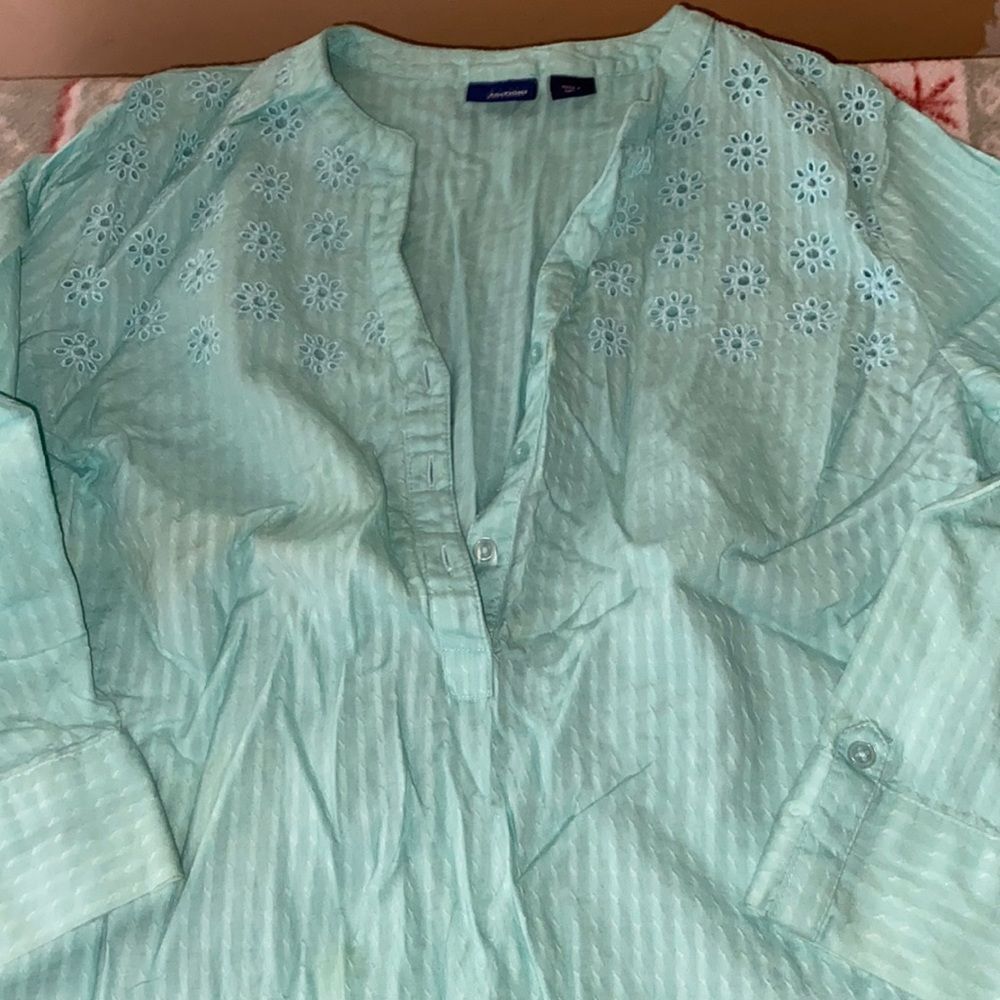 Basic Editions Teal Crochet light Weight Blouse S